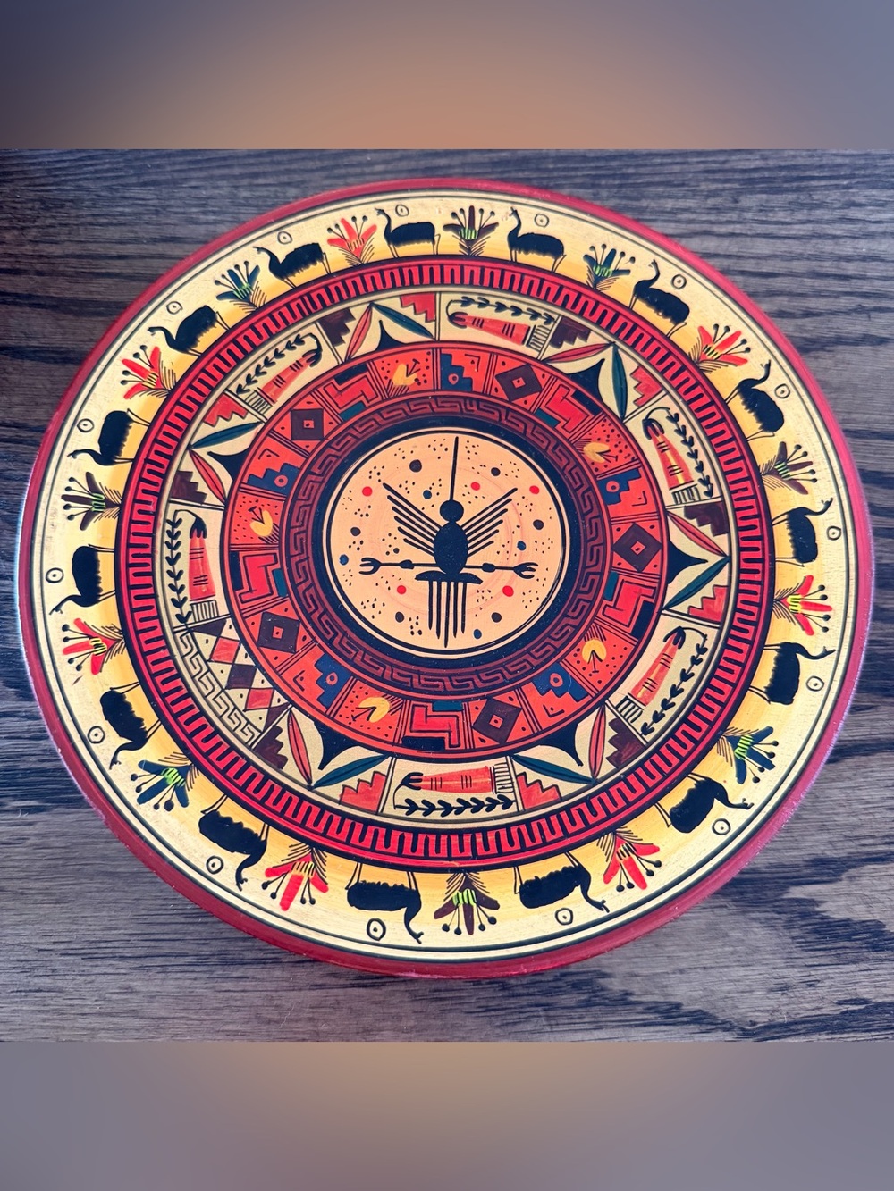 Peruvian Hand-Painted Decorative 8” Wood Plate - Red, Gold, Black
